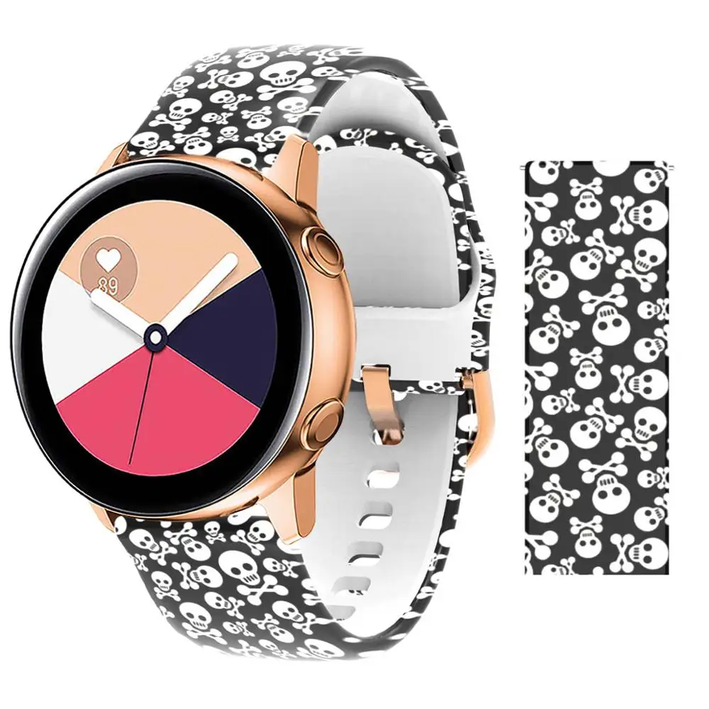 20 мм ремешок для samsung Galaxy Active Watch Band Мягкие силиконовые в форме цветка Печать Спортивный Мягкий ремень цветок браслет с принтом ремешок - Цвет ремешка: Black white skull