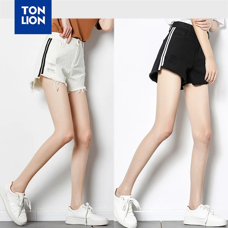 Женские джинсы с высокой талией TONLION черные белые сексуальные короткие рваные