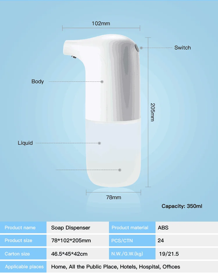 

Table Stand Small Foam White Auto Sensor Hand Cleaner Soap Dispenser 350ml Table Soap Dispenser