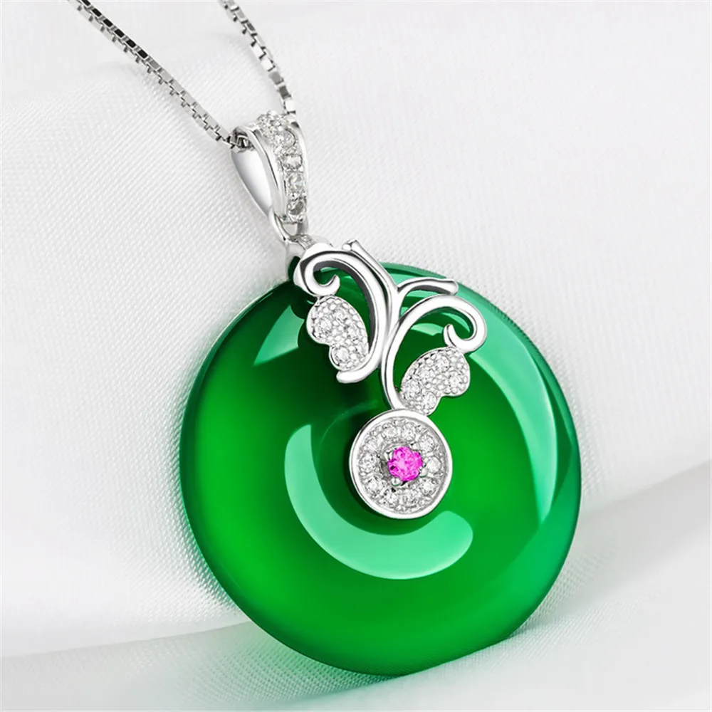 

BIG GREEN JADE EMERALD GEMSTONES PENDANT NECKLACE FOR WOMEN SILVER COLOR WHITE GOLD CHAIN ZIRCON DIAMONDS JEWELRY GIFT