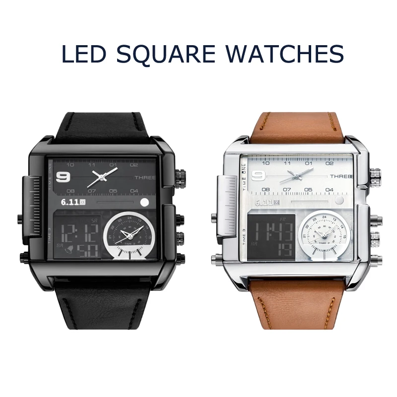 6 11 мужские многофункциональные квадратные часы с тремя часовыми поясами