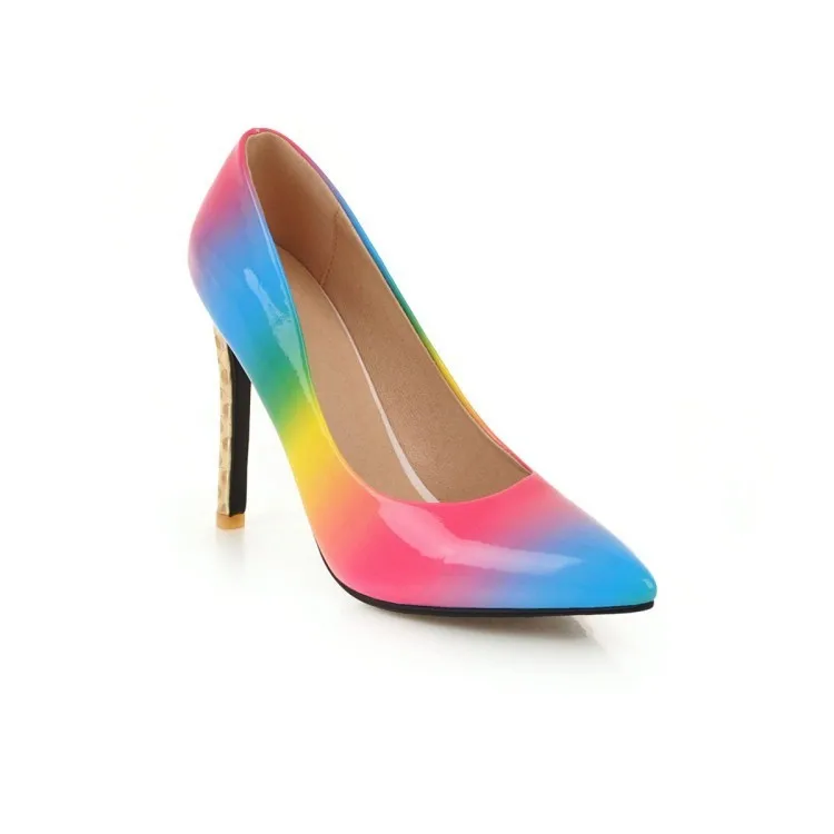 

2021 new Rainbow Colorful Patent Leather Women Sexy Stiletto Extemely High Heels, Ladies Fashion Pointed Toe Pumps Party Shoes