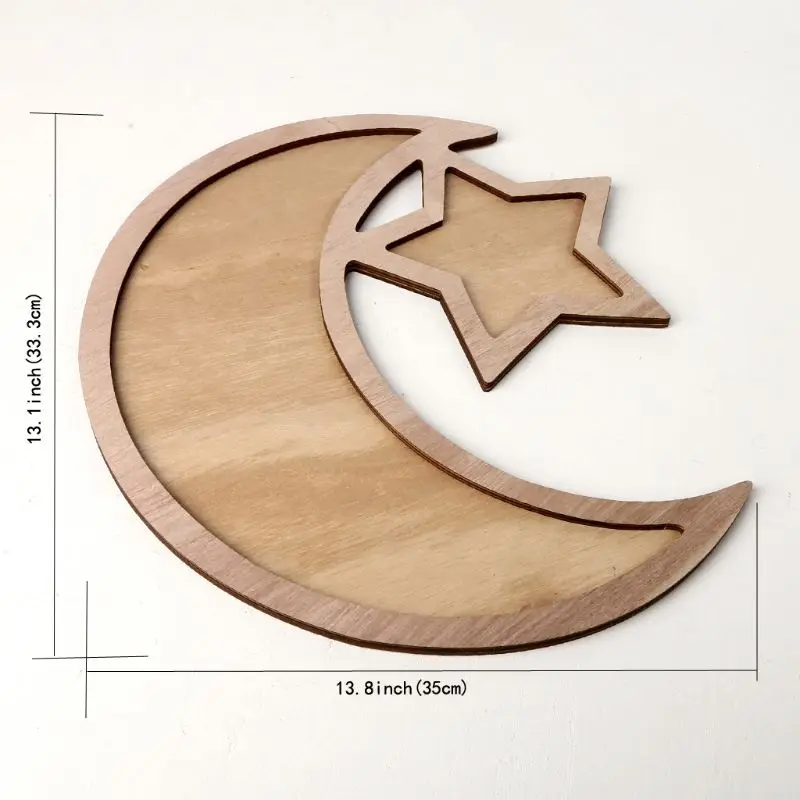 

Rustic Wooden Crescent Moon Srar Eid Ramadan Party Food Serving Tableware Dessert Pastry Tray Display Holder Decor Ornament