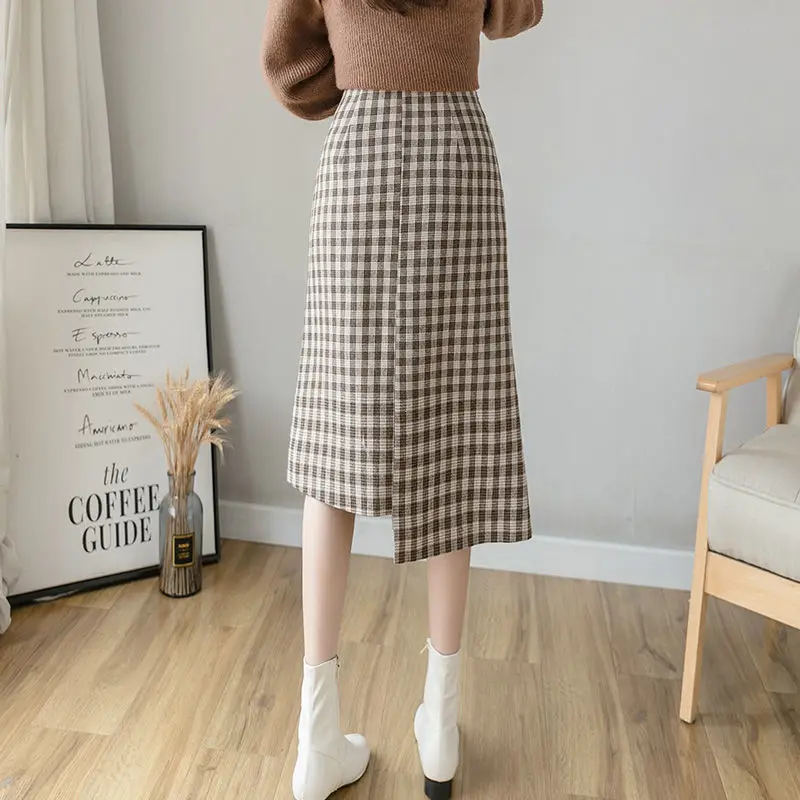 

Юбка-карандаш Женская средней длины, Модная элегантная повседневная в клетку, с высоким эластичным поясом, с принтом, A34, Осень-зима