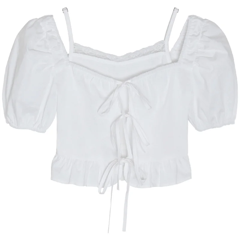 Пикантная белая рубашка в Корейском стиле топ с квадратным вырезом и кружевной