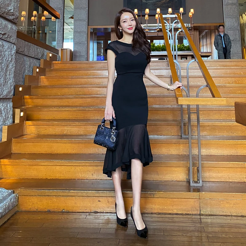 Женское платье Русалка с вырезом H Han Queen элегантное черное Сетчатое повседневное