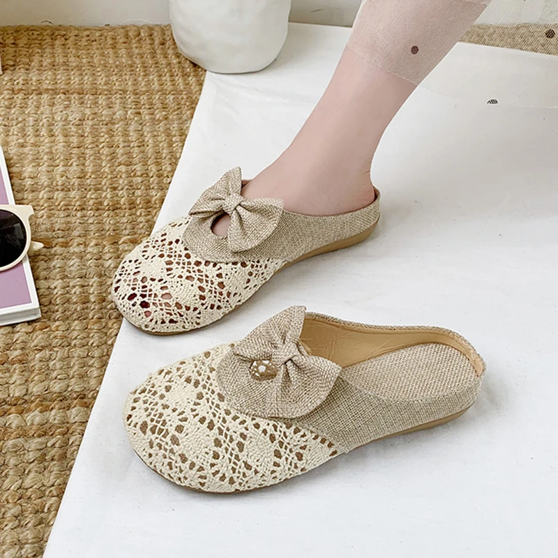

Loafers Lace Shoes Slippers Flat Cover Toe Slides Slipers Women Summer 2021 Cotton Fabric Basic Fretwork Fisherman Rubber