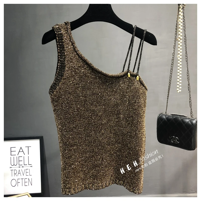 

Cakucool Gold Lurex Summer Camis Hollow out Knit Sleeveless oblique collar Sexy Shiny Sequins Tank Top Camis Vintage Femme Khaki