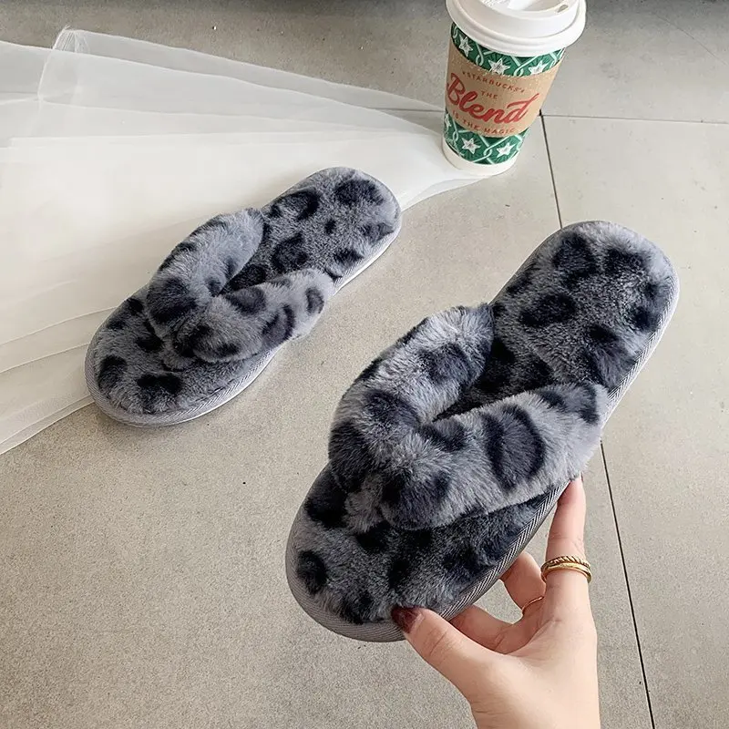

Korean style autumn and winter cotton slippers women's indoor rabbit hair non-slip slip slippers fashion leopard print