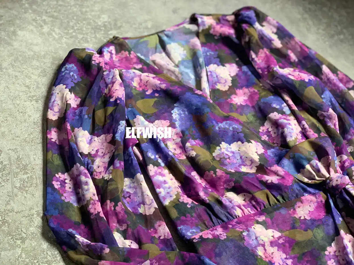 

Woman Purple Floral Print Mini Wrap Dress with Bow V-neck Long Sleeves