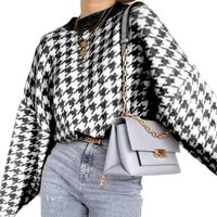 Women Long Sleeve O-Neck Sweater Geometric Houndstooth Knit Loose Jumper Tops