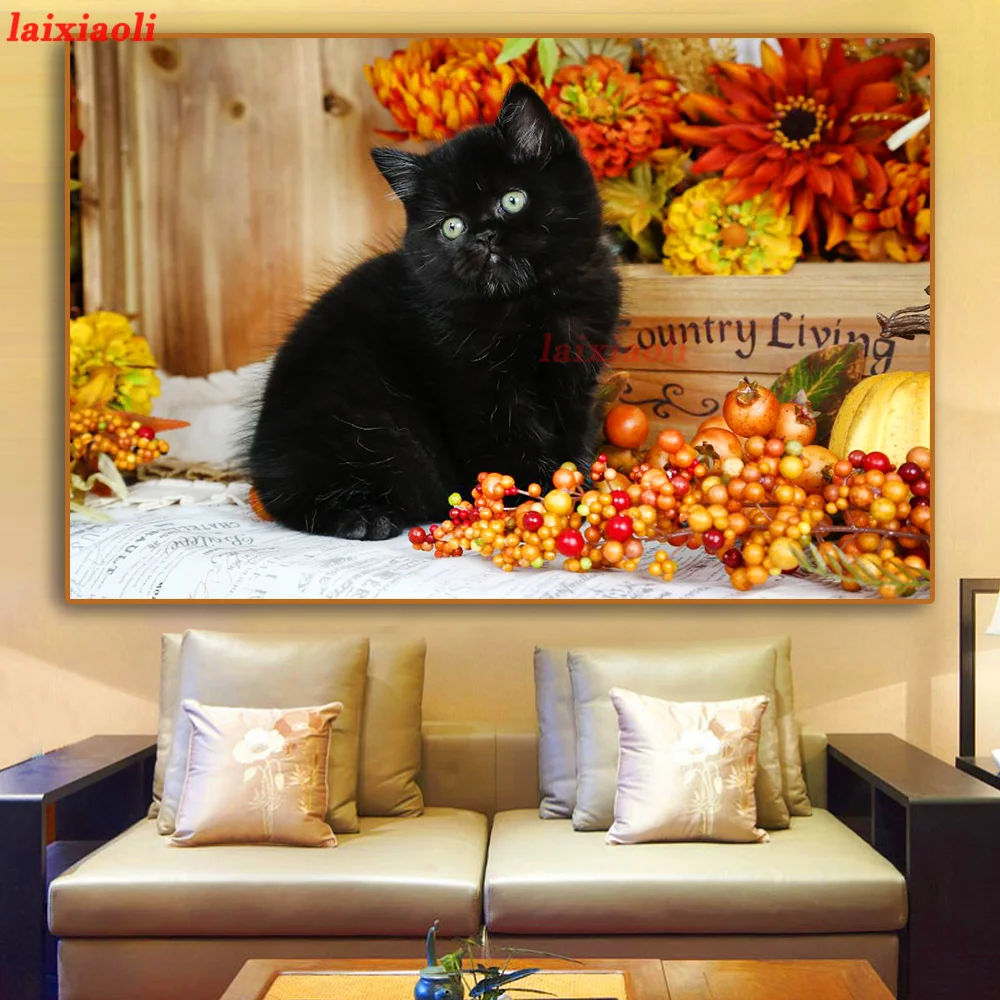 

5D Diamond Painting Black cat and fruit full Round square Diamond Mosaic DIY Cross Stitch Kit Diamonds Embroidery Home Decor