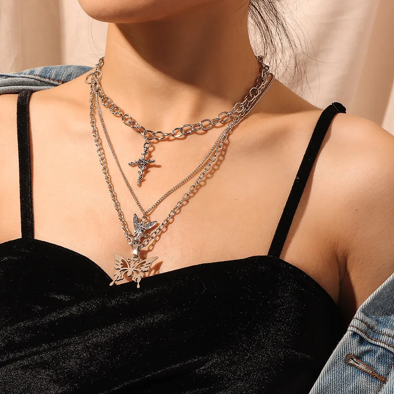 

3pcs/set Butterfly Rose Angel Cross Pendant Necklace Multilayer Vintage Women Choker Long Chain Necklaces Hip Hop Punk Jewelry