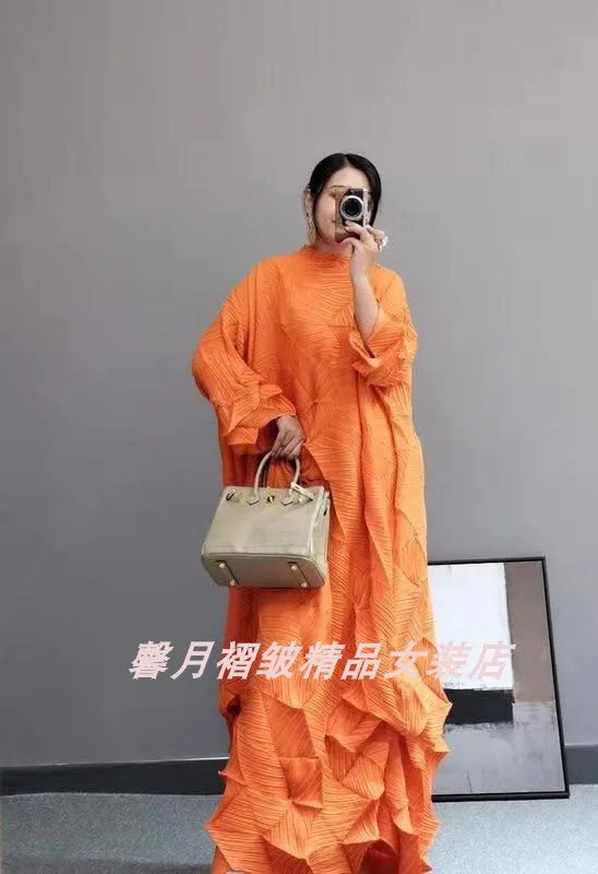 Горячая Miyake модное платье со складками со стразами, однотонное Свободное длинное платье со стоячим воротником