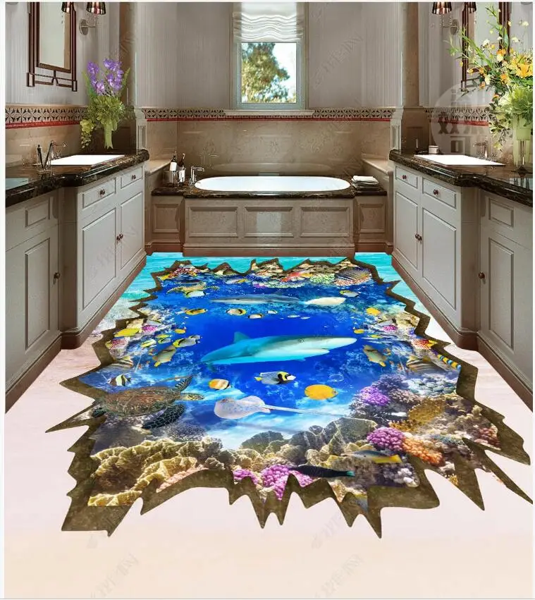 

Custom photo 3d pvc self adhesion flooring Sea world shark turtle fish living room bedroom vinyl wallpaper for walls 3 d decor