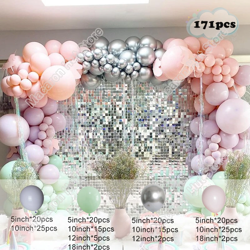 

171pcs Doubled Macaron Pink Balloon Arch Kit Birthday Party Decoration Baby Shower Wedding Silver Balloon Garland Accessories