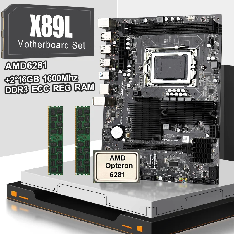 Комплект материнской платы JINGSHA X89 G34 2*16 ГБ = 32 DDR3 1600 МГц и AMD Opteron 6281|Материнские