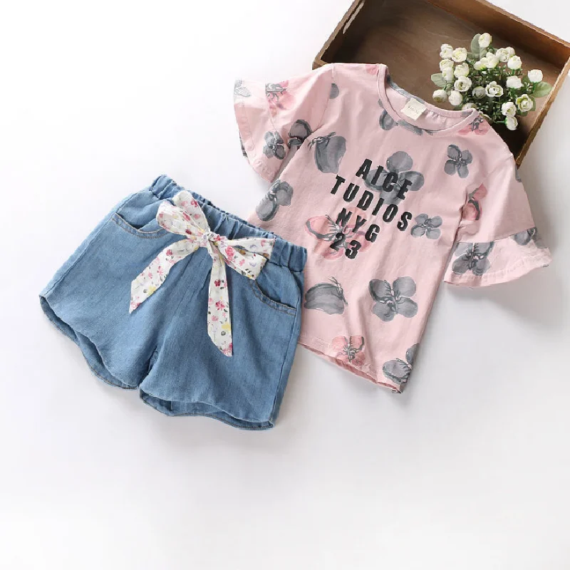 

Girls Summer Suit New Children's Short-sleeved T-shirt and Shorts children's clothing floral casual fashion Setting
