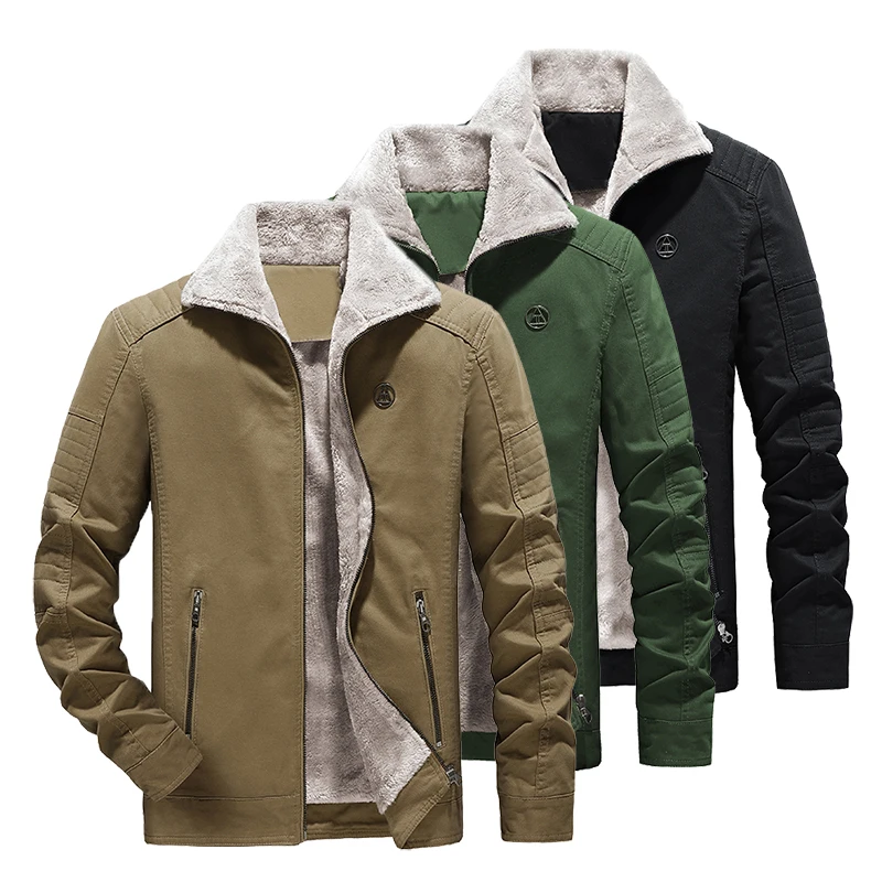 

Fur Collar Jacket Men Winter New Velvet Casual Fleece Linning Padded Washed jackets Men's Lapel Tooling Coats Cotton Coat Male