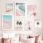 Розовая пляжная доска для серфинга, зонт, кокосовое дерево, настенная живопись, холст, скандинавские плакаты и принты, настенные картины для украшения гостиной