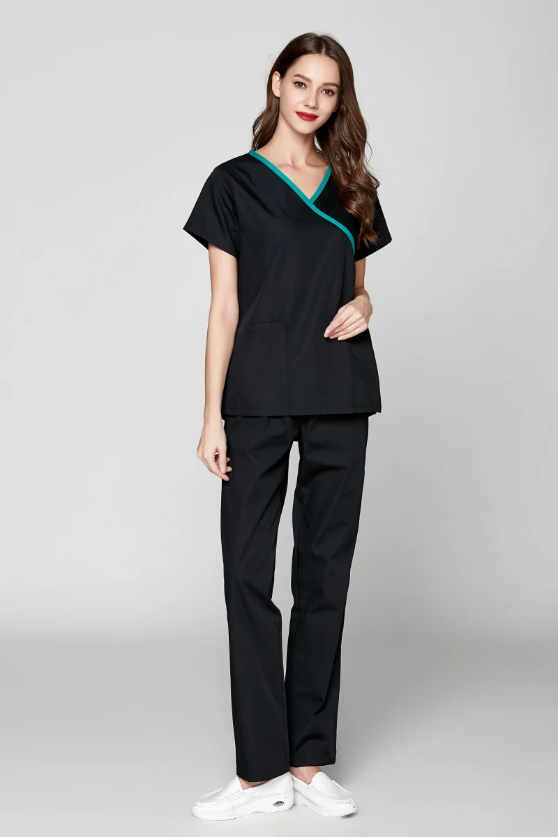 Women's Summer Black Workwear Women Short Sleeve Dental Clinic Uniforms Set Three Design Top and Long Pant Workingwear | Тематическая