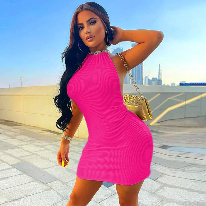 

Sexy Halter Backless Mini Dress Women Fashion Neck Mounted Sheath Sexy Nightclub Party Short Dresses Lady 2021 Summer