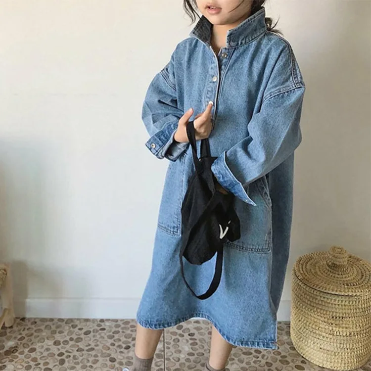 

2020 autumn children's clothing new girls fashion lapel slit loose denim dress