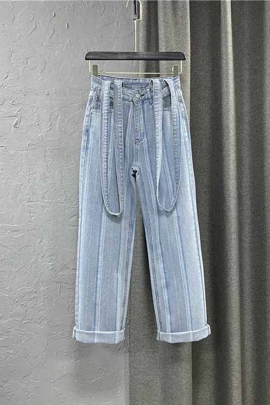 

2021 Spring New Women's Clothing Fashion Striped Denim Jeans High Waist Long Mopping Pants Female Wide Leg Pants Fashion