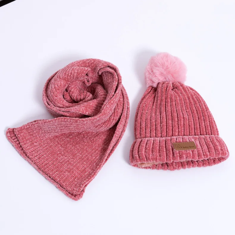 Pink 2Pcs 2 шт./3 шт./компл., детские наборы шарф Шапка Зимняя Теплая Бархатная шапка шарф перчатки для маленьких мальчиков и девочек, костюмы хлопковая шерсть Младенческая шапочка, шапки - Цвет: Pink 2Pcs