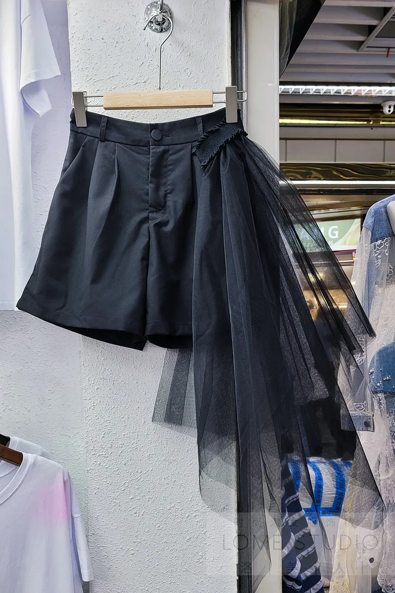 

2021 Summer New Simple Mesh Casual Suit Pants for Women High Waist Straight Leg Shorts Female Black Loose Booty Shorts Women