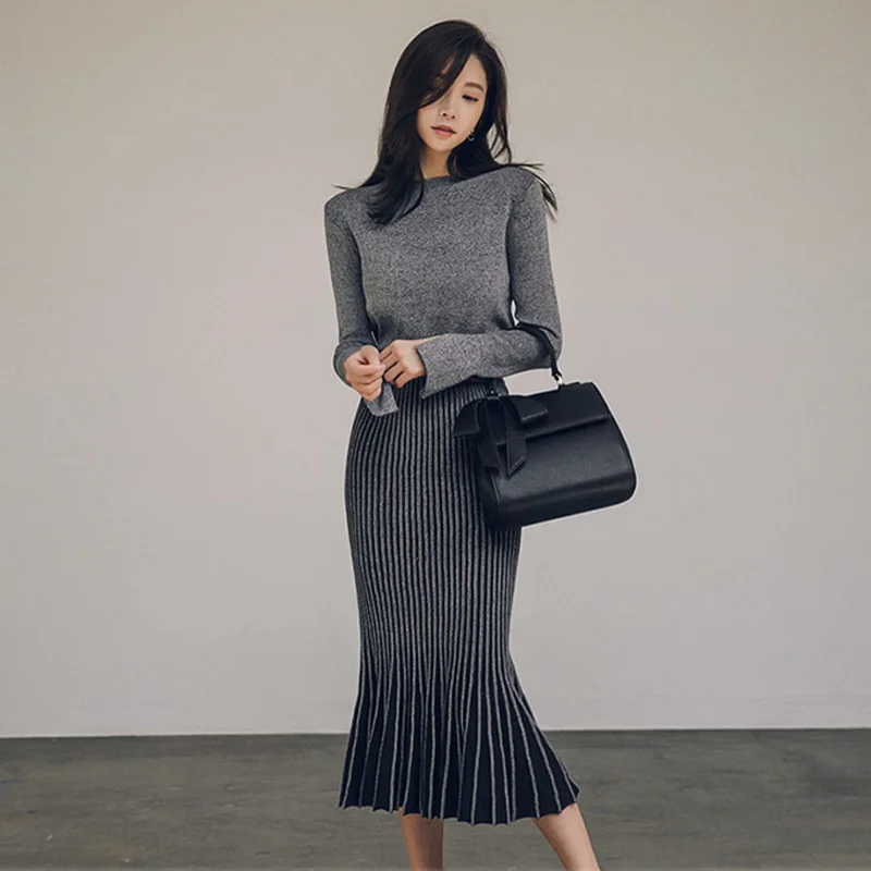 Новинка Осень-Зима вязаная юбка рыбий хвост в Корейском стиле комплект из двух