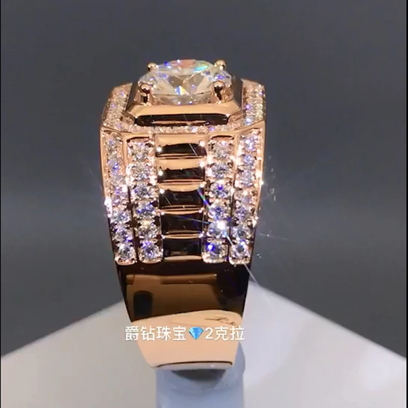 Мужское прямоугольное кольцо с бриллиантами Moissanite роскошное из розового золота