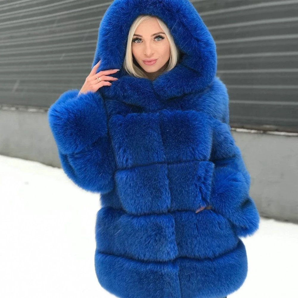 Medium Length Real Fox Fur Jacket with Big Hood Thick Warm Fur Overcoat Woman Natural Whole Skin Genuine Fox Fur Coat Female
