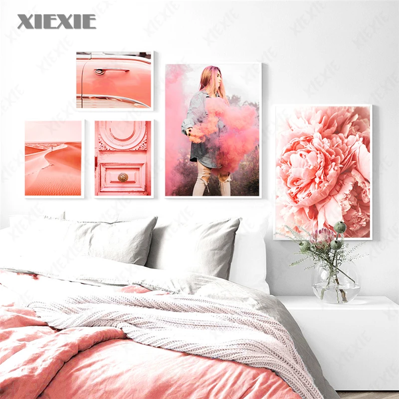 

Pink Flower Car Dune Conch Girl Wall Art Canvas Painting Nordic Posters and Prints Landscape Wall Pictures for Living Room Decor