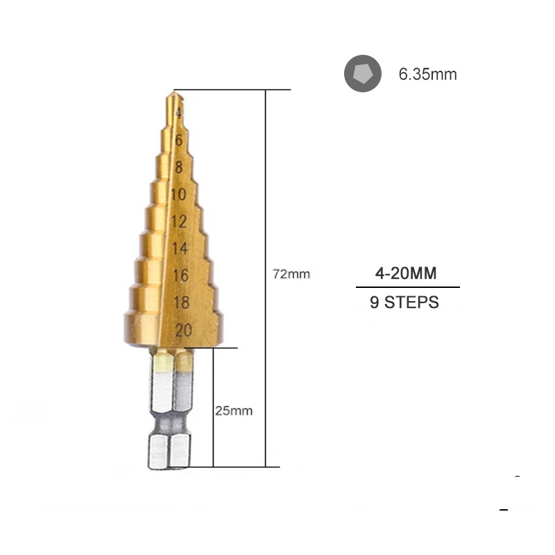 4-20mm(9steps) Ступенчатое сверло из быстрорежущей стали 4-12 мм 4-20 мм 4-32 мм 1/4 дюйма с шестигранным хвостовиком ступенчатое сверло конус инструменты для деревообработки дерева и металла - Цвет: 4-20mm(9steps)