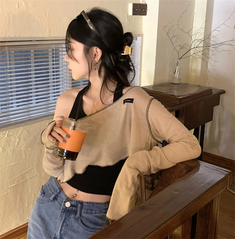 

Autumn/winter Hot Girl Short Long Sleeve Off Shoulder Two-piece T-shirt