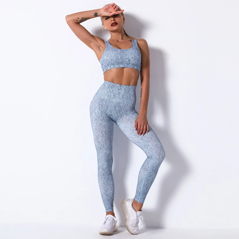 

NORMOV Casual Women Sets Printed Sexy Backless Bra High Waist Push Up Leggings 2 Piece of Sets Workout Fitness Sets Female