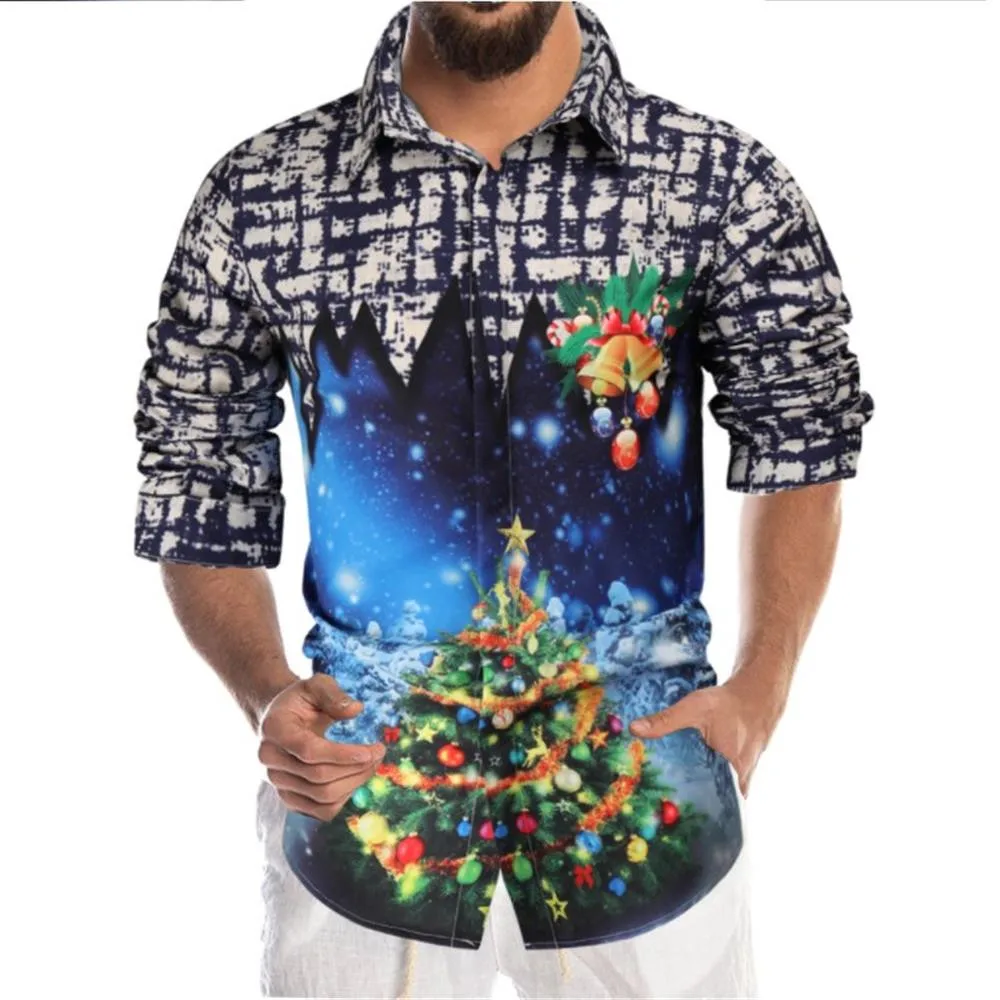 

Merry Christmas Mens Long Sleeve Print Shirt 3D Graphics Tops Fashion Clothes Casual T-Shirt Button Blouse Xmas Tree Tee Shirt