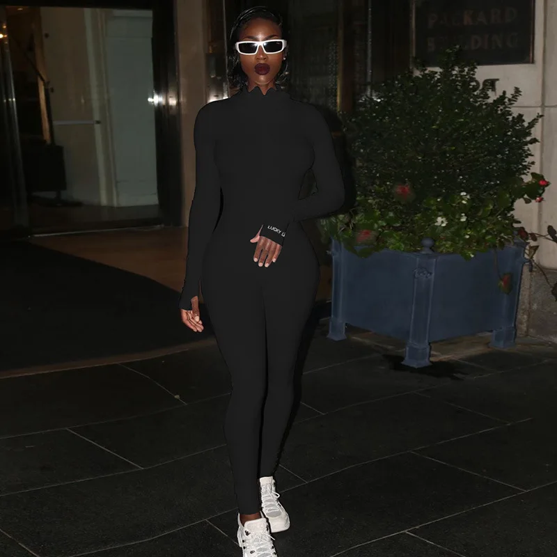 Lucky Label Jumpsuit For Women 2020 Long Sleeve Casual Skinny Turtleneck Catsuit Zipper Sport Wear Bodysuit Black Fitness Romper