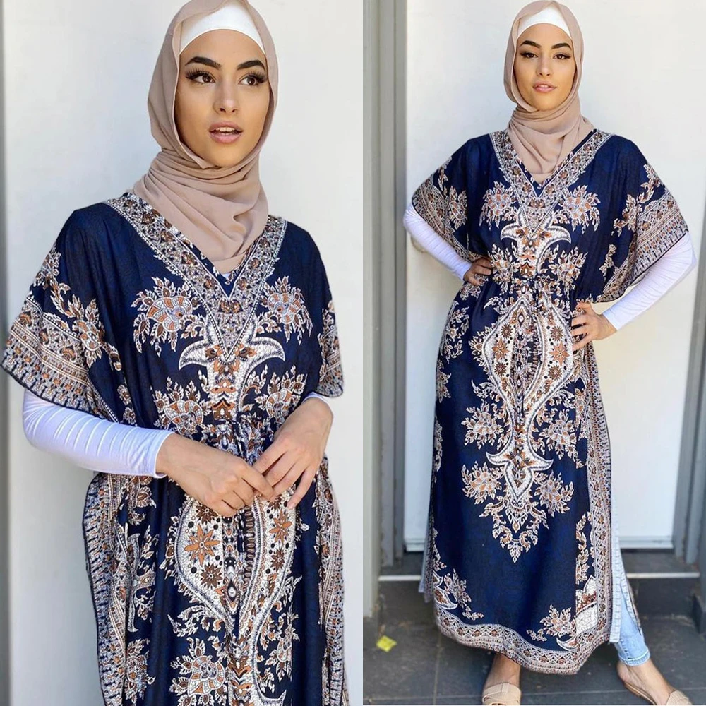 Малайский мусульманские Для женщин Абаи принт с рукавами «летучая мышь» платье в турецком стиле кафтан длиной макси халат свободного кроя ...
