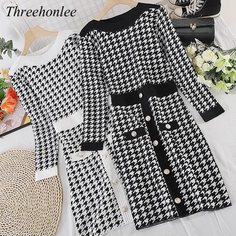 

Вязаное платье-свитер в стиле ретро для женщин, французская мода, украшение на пуговицах, Осень-зима, пуловер с рисунком «гусиные лапки», уни...