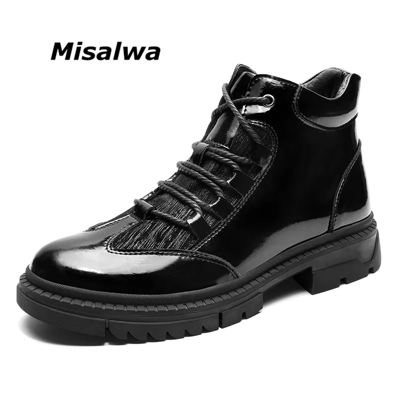 

Misalwa Glossy Patent Leather Men Casual Boots Splicing Breathable Big Size 45 46 Black Combat Boots for Men High Top Army Boots