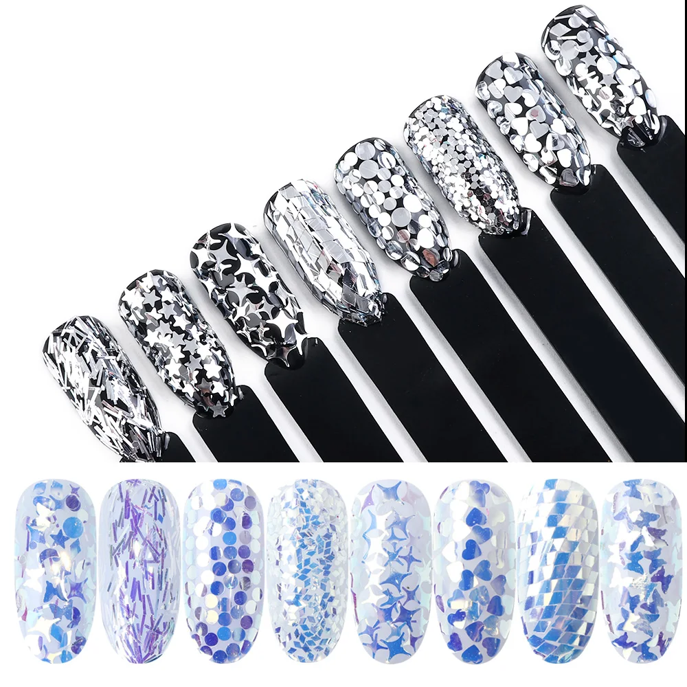 Зеркальный серебряный блеск для ногтей блестки бабочка Звезда 3D дизайн