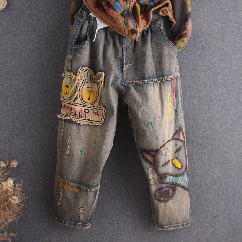 

Джинсы-шаровары женские с мультяшным котом, модные повседневные Длинные свободные штаны из денима, хлопковые брюки в стиле оверсайз, с прин...