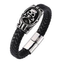 high quality men genuine leather bracelet stainless steel jewelry cool punk rock style skull men bracelets gifts sp0272