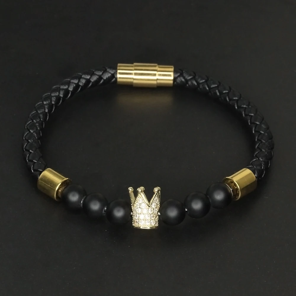 Мужской кожаный браслет с черепом из натурального камня нержавеющей стали