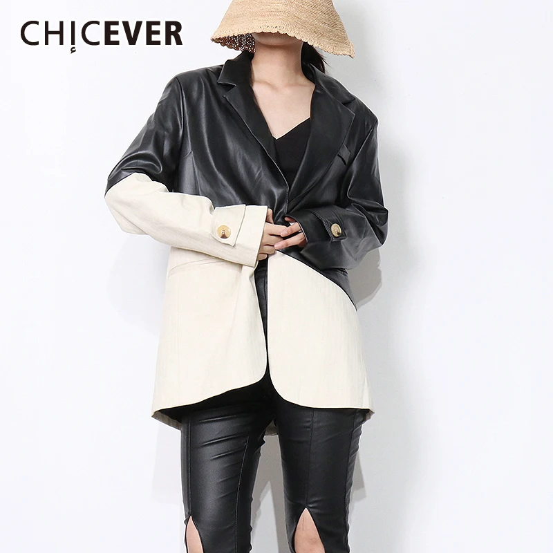 

CHICEVER PU кожаные Лоскутные цветные блейзеры для женщин с зубчатым воротником с длинным рукавом однобортные пальто женские осенние 2021