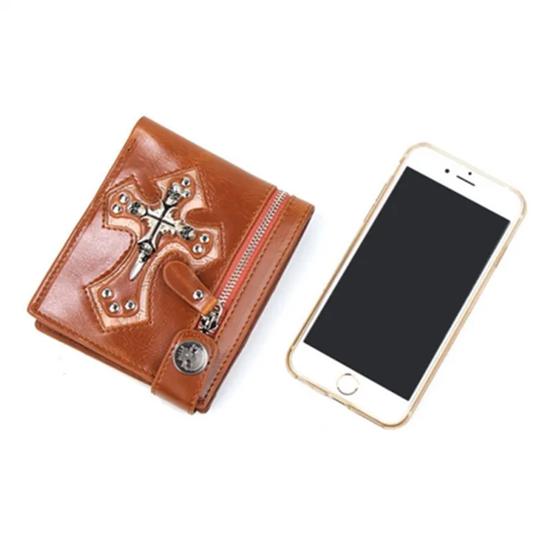Brown Men Vintage Short Purse Boys Goth Skull Head Cross Black Genuine Leather Biker Punk Snap Zipper Wallet with Long Key Chain |
