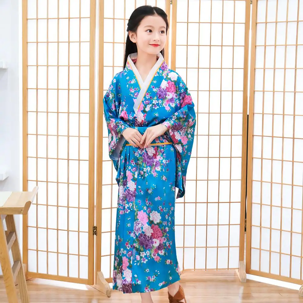 Print Flower Children Japanese Traditional Evening Party Prom Dress Performace Clothing Kimono Bathrobe Gown Full Sleeve Gown - Цвет: Blue 3