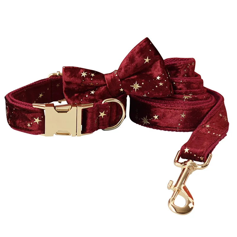 

Red Luxury Pet Dog Collar Personalized Name Bow Tie Dog Collar with Leash Adjustable Durable Puppy Collar Lead Set